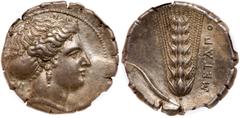 Ancient Coins Lucania, Metapontion. Silver Nomos (7.73 g), ca. 400-330 BC. Head of Demeter right, wearing single-pendant earring and hair bound with sakkos; behind neck, KPI. Reverse: METAΠO[O], Grain