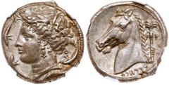 Ancient Coins Sicily, Entella. Silver Tetradrachm (17.39 g), ca. 320/15-300 BC. Siculo-Punic issue. Wreathed head of Arethusa left, wearing triple-pendant earring and necklace; four dolphins around. R