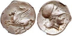 Ancient Coins Sicily, Syracuse. Timoleon and the Third Democracy. Silver Stater (8.20 g), 344-317 BC. 344-339/8 BC. Pegasos flying left. Reverse: ΣYPAKOΣIΩN, Helmeted head of Athena right; behind neck