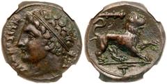 Ancient Coins Sicily, Syracuse. Agathokles. Æ Litra (6.80 g), 317-289 BC. Ca. 308/7 BC. ΣYPAKOΣIΩN, diademed youthful head of Herakles right; behind, tripod. Reverse: The Nemean lion standing right, r