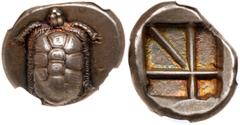 Ancient Coins Islands off Attica, Aegina. Silver Stater (12.26 g), ca. 370 BC. Land tortoise with segmented shell. Reverse: Large square incuse with thin skew pattern. Milbank pl. II, 14; SNG Delepier