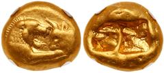 Ancient Coins Lydian Kingdom. Kroisos. Gold Stater (10.72 g), ca. 564/53-550/39 BC. Heavy standard, regular issue. Sardes. Confronted foreparts of lion and bull. Reverse: Two incuse squares. Berk 2; S