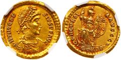 Ancient Coins Theodosius I, AD 379-395. Gold Solidus (4.39 g). Mint of Constantinople AD 388-392. Laur. and diad. cuir. bust to r. Reverse: Constantinopolis helmeted, seated on large throne holding sp