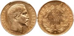 Treasure from the SS Central America - World Gold France. 20 Francs, 1855-A (Paris). Fr-573; KM-781.1. Weight 0.1867 ounce. Napoleon III. Bare head right. PCGS graded MS-61. In special PCGS Ship of Go