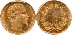 Treasure from the SS Central America - World Gold France. 5 Francs, 1854-A (Paris). Fr-578; KM-783. Plain edge. Weight 0.0471 ounce. Napoleon III. Bare head right. PCGS graded MS-61. In special PCGS S