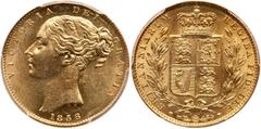 Treasure from the SS Central America - World Gold Great Britain. Sovereign, 1856. S.3852D; Fr-387e; KM-736.1. Weight 0.2355 ounce. Victoria. Young head. Reverse; Crowned shield. PCGS graded MS-62. In 