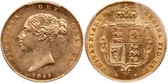 Treasure from the SS Central America - World Gold Great Britain. ½ Sovereign, 1855. S.3859; Fr-389b; KM-735.1. Weight 0.1177 ounce. Victoria. Young head. Reverse; Crowned shield. PCGS graded AU-58. In