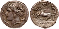 Greek Coinage Sicily, Syracuse. Agathokles. Silver Tetradrachm (17.20 g), 317-289 BC. Ca. 317-310 BC. Wreathed head of Arethusa left, surrounded by three dolphins; below neck, NK. Reverse: [Σ]YPAKOΣIΩ