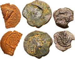 Ancient Judean Coinage Herodian Dynasty. Herod Archelaus, 4 BCE to 6 CE. Lot of 3 Bronzes. Consists of: Prutah. Hendin 1193, TJC 69b. Very Fine; 2-Prutah. Hendin 1194, TJC 70ev. War galley sailing rig