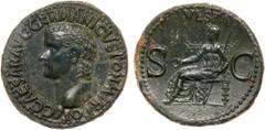 Roman Imperial Coinage Caligula (Gaius) 37-41 AD. AE As (11.4g). Mint of Rome, AD 37-38. C CAESAR AVG GERMANICVS PON M TR POT. Bare head of Caligula facing left. Reverse: VESTA / S-C. Vesta, diademed 