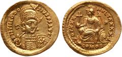 Roman Imperial Coinage Theodosius II. Gold Solidus (4.36 g), AD 402-450. Constantinople, AD 430-440. D N THEODO-SIVS P F AVG, diademed, helmeted and cuirassed bust of Theodosius II facing slightly rig
