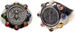 Ancient Coins Lovely, Modern Set Ancient Greek Silver Coin ca. 387-298 B.C. Housed in Sterling Silver with Multi-color cabochons. Approximate diameter 20mm for ring face. 8 cabochons which includes ov