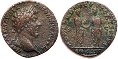 Marcus Aurelius. Æ Sestertius (26.31 g), AD 161-180. Rome, 162. IMP CAES M AVREL ANTONINVS AVG P M, laureate bust of Marcus Aurelius right, slight drapery on shoulders. Reverse: CONCORD AVGVSTOR TR P 