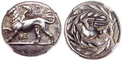 Sikyonia, Sikyon. Silver Stater (12.00 g), ca. 335-330 BC. ΣE below, chimaera prowling left; above, wreath. Reverse: Dove flying left; before, I; all within wreath. BCD Peloponnesos 219; SNG Copenhage