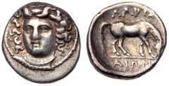 Ancient Coins Thessaly, Larissa. Silver Obol (0.93 g), ca. 356-337 BC. Head of the nymph Larissa facing slightly left, with hair in ampyx. Reverse: ΛPIΣ-AIΩN, Horse grazing right. BCD Thessaly II 328.