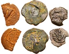 Ancient Coins Herodian Dynasty. Herod Archelaus, 4 BCE to 6 CE. Lot of 3 Bronzes. Consists of: Prutah. Hendin 6224, TJC 69b. Very Fine; 2-Prutah. Hendin 6225, TJC 70ev. War galley sailing right, oars 
