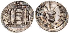 Ancient Coins Judaea, Bar Kokhba Revolt. Silver Sela (14.18 g), 132-135 CE. Undated, attributed to year 3 (134/5 CE). 'Simon' (Paleo-Hebrew), tetrastyle façade of the Temple of Jerusalem; show bread t