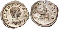 Ancient Coins Julia Paula. Silver Denarius (2.85 g), Augusta, AD 219-220. Rome, under Elagabalus, AD 220. IVLIA PAVLA AVG, draped bust of Julia Paula right. Reverse: CONCORDIA, Concordia seated left, 