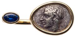 Ancient Coins Highly Unusual 18K Yellow Gold, Sapphire and Ancient Greek Tetrobol Coin, 400 B.C. Ring in Open Pattern. Open ring in 18K yellow gold and sapphire ring which enhance a Greek tetrobol coi