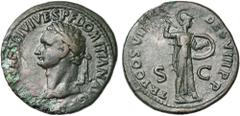 Empire romain - Roman Empire DOMITIEN Auguste (81-96), AE sesterce, 81, Rome. D/ IMP CAES DIVI VESP F DOMITIAN AVG P M T. l. à g. R/ TR P COS VII- DES VIII P P/ S-C Minerve deb. à d., ten. un bouclier