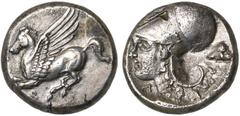 Monde grec - Greek World CORINTHE, AR statère, 386-307 av. J.-C. D/ Pégase en vol à g. Dessous, . R/ T. casquée d'Athéna à g. A d., casque thessalien. Devant le cou, A. Ravel 1040; Pegasi 402. 8,50 g