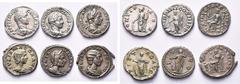 Collection de monnaies romaines - Collection of Roman Coins lot de 6 deniers: Géta César, R/ Minerve; Elagabal, R/ Providentia, Fides exercitus; Julia Maesa, R/ Pietas (Rome), Junon (Antioche); Julia 