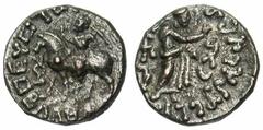 ROYAUME INDO-PARTHE, Abdagasès (55-65), billon drachme, Taxila Sirsukh. Droit : Le roi à cheval à gauche. A gauche, [..]. Revers : Zeus debout à droite, tenant un long sceptre, le bras droite tendu. A