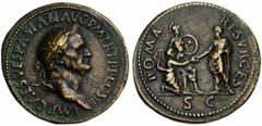 VESPASIEN (69-79), AE padouan, Giovanni Cavino. Droit : IMP CAES VESPASIAN AVG PM TR P P P COS III Tête l. à droite. Revers : ROMA RESVRGES/ SC L'empereur debout à gauche, relevant Roma agenouillée de