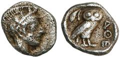 Collection Marc Bar - The Marc Bar Collection ATTIQUE, ATHENES, AR hémiobole, vers 400 av. J.-C. D/ T. casquée d'Athéna à d. R/ Chouette à d., t. de f. A g., pousse d'olivier. A d., AΘE. Le tout dans 