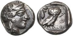 Collection Marc Bar - The Marc Bar Collection ATTIQUE, ATHENES, AR drachme, vers 400 av. J.-C. D/ T. casquée d'Athéna à d., le casque orné d'un fleuron et de feuilles d'olivier. R/ ΑΘΕ Chouette à d., 