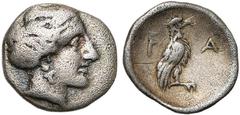 Collection Marc Bar - The Marc Bar Collection ELIDE, ELIS, AR obole, 360 av. J.-C., 105e olympiade, atelier du temple d'Héra. D/ T. de la nymphe Olympia à d., portant boucle d'oreille et sphendoné. R/