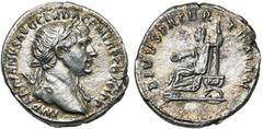 Empire romain - Roman Empire TRAJAN (98-117), AR denier, 112-117, Rome. D/ IMP TRAIANVS AVG GER DAC P M TR P COS VI PP B. l. à d., l'épaule g. dr. R/ DIVVS PATER TRAIAN Trajan senior assis à g. sur un