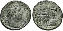 Empire romain - Roman Empire COMMODE Auguste (177-192), AE sesterce, 186, Rome. D/ M COMMODVS [ANT P FELIX] AVG BRIT T. l. à d. R/ PM TR P XI IMP VIII COS V PP/ S-C/ FID EXERCIT L'empereur en habit mi