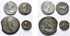 Monnaies provinciales romaines - Roman Provincial Coins EGYPTE, ALEXANDRIE, lot de 4 p.: Néron, tétradrachme, an 13, R/ T. de Tibère; Hadrien, diobole, an 17, R/ Taureau Apis; Antonin le Pieux, drachm