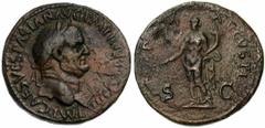 VESPASIEN (69-79), AE sesterce, 71, Rome. Droit : IMP CAES VESPASIAN AVG P M TR P P P COS III Tête l. à droite. Revers : PAX - AVGVSTI/ S-C Pax debout à gauche, tenant un rameau et une corne d'abondan