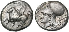 Monde grec - Greek World CORINTHE, AR statère, 386-307 av. J.-C. D/ Pégase en vol à g. Dessous, . R/ T. casquée d'Athéna à g. Derrière la nuque, A. A d., une abeille. Ravel 1037; Pegasi 398; BMC 218;