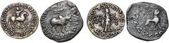Monde grec - Greek World ROYAUME INDO-SCYTHE, Azès (-57-5), lot de 2 p.: tétradrachme, Le roi chevauchant/Athéna; tétrachalque, Zébu/Lion. Senior, Indo-Scythian, 98.309T et 102.111. Beau à Très Beau F