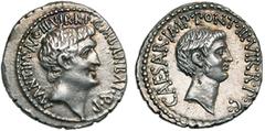 République romaine - Roman Republic Marc Antoine et Octavien, AR denier, 41 av. J.-C., Asie Mineure. Avec M. Barbatius Philippus, questeur. D/ M· ANT· IMP· AVG· III· VIR· R·P·C· M· BARBAT·Q·P T. nue d