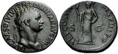DOMITIEN Auguste (81-96), AE sesterce, 81, Rome. Droit : IMP CAES DIVI VESP F DOMITIAN AVG P M Tête l. à droite, l'épaule gauche drapé. Revers : TR P COS VII- DES VIII P P/ S-C Minerve debout à gauche