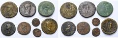 Empire romain - Roman Empire lot de 8 bronzes: Néron Claude Drusus, sesterce, R/ Claude assis sur une chaise curule (corrodé); Claude, sesterce, R/ Spes (2, dont 1 avec contremarques PRO et TI AV au d