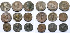 Empire romain - Roman Empire lot de 9 bronzes: Antonin le Pieux divinisé, sesterce, R/ Colonne (2), Autel; Faustine l'Ancienne divinisée, sesterce, R/ Cérès; as, R/ Cérès deb. (2), Pietas, Aeternitas,