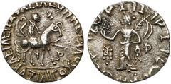 L'Orient ancien - Ancient Orient ROYAUME INDO-SCYTHE, Azilisès (vers 57-35), AR tétradrachme. D/ Le roi à cheval à d., ten. une lance. A d., . Au-dessus de la tête du cheval, . R/ La déesse de la Ci