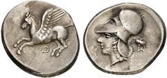 Monde grec - Greek World CORINTHE, AR statère, 386-307 av. J.-C. D/ Pégase en vol à g. Dessous, . R/ T. casquée d'Athéna à g. Derrière la t., E et fleur de pavot. Ravel 986; Pegasi 367. 8,65 g. Graff