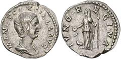 Empire romain - Roman Empire MANLIA SCANTILLA, femme de Didius Julianus, AR denier, 193, Rome. D/ MANL SCANTILLA AVG B. dr. à d. R/ IVNO RE-GINA Junon voilée, dr., deb. à g., ten. une patère et un lon