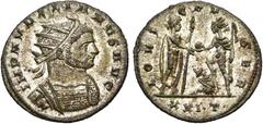 Empire romain - Roman Empire AURÉLIEN (270-275), bill. antoninien, début 274, Serdica. D/ IMP AVRELIANVS AVG B. r., cuir. à d. R/ IOVI CONSER/ XXI·T· L'empereur deb. à d., recevant un globe de Sol deb