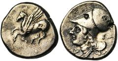 CORINTHE, AR statère, 386-307 av. J.-C. Droit : Pégase en vol à gauche. Dessous, [..]. Revers : Tête casquée d'Athéna à gauche. De part et d'autre, Δ-I. A droite, statuette d'Athéna tenant une lance. 