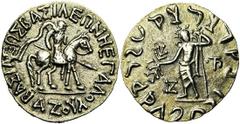 ROYAUME INDO-SCYTHE, Azès (-57-5), AR tétradrachme, 57-35, Droit : BAΣΙΛΕΩΣ ΒΑΣΙΛΕΩΝ ΜΕΓΑΛOY AZOY Le roi à cheval à droite, tenant une lance. Revers : Zeus debout de face, tenant le foudre et un scept