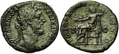 COMMODE Auguste (177-192), AE sesterce, 186, Rome. Droit : M COMMODVS ANT P FELIX AVG BRIT Tête l. à droite. Revers : PM TR P XI IMP VII COS V PP/ S-C Jupiter assis à gauche, tenant le foudre et un sc