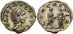 JULIA PAULA, première femme d'Elagabal, AR denier, 219-220, Antioche. Droit : IVLIA PAVLA AVG B. drapé à droite. Revers : CONCORDIA Elagabal et Julia Paula debout face à face, se donnant la main. Ref.