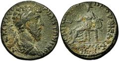 PHRYGIE, ANKYRA, Marc Aurèle (161-180), AE bronze, Droit : B. l., drapé, cuirassé à droite. Revers : Cybèle tourelée assise à gauche, tenant une patère et un tympanon. A ses pieds, un lion à gauche. R